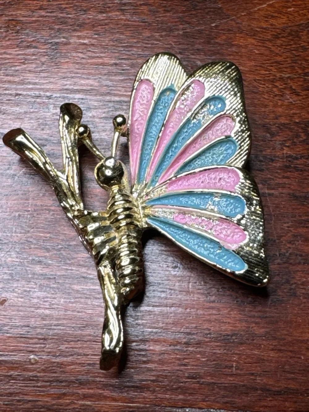Gold Butterfly Brooch with Pink and Blue Enamel Accents signed Gerry’S